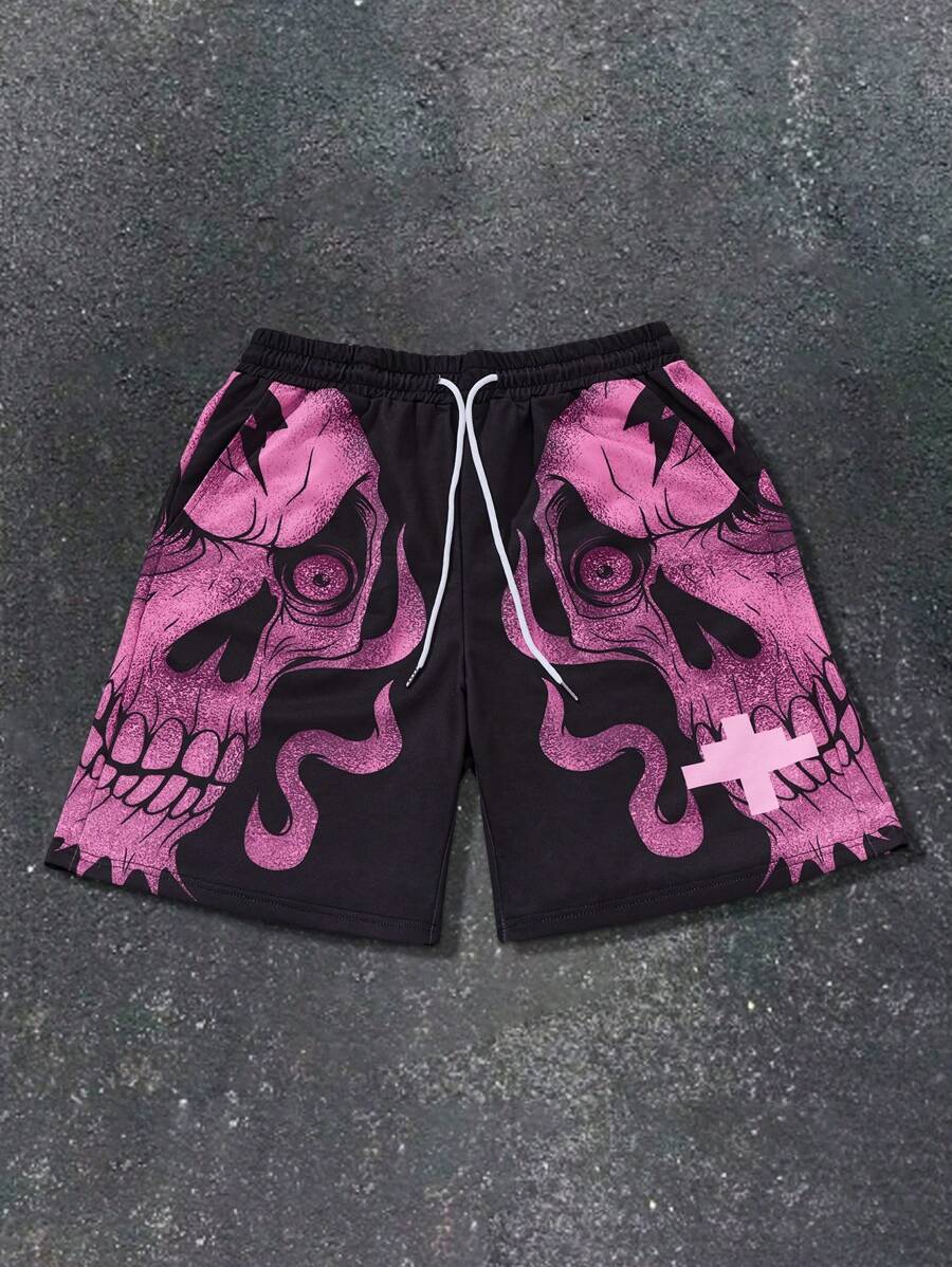 Manfinity Streetrush Shorts casuales para hombre Manfinity Streetrush con estampado de calavera, bolsillos delanteros con cordón, diseño minimalista