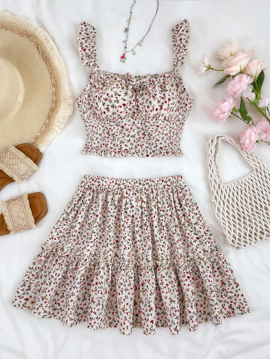 SHEIN Teen Girl Vacation Elegant Casual Ditsy Floral Ruffled Bust Camisole And High-Low Frill Trim Ruched Skirt Set, Suitable For Concert, Ibiza, Vacation, Bohemian, Boho Clothing, Summer Shorts, Beach Vacation Outfits, Summer Wear
