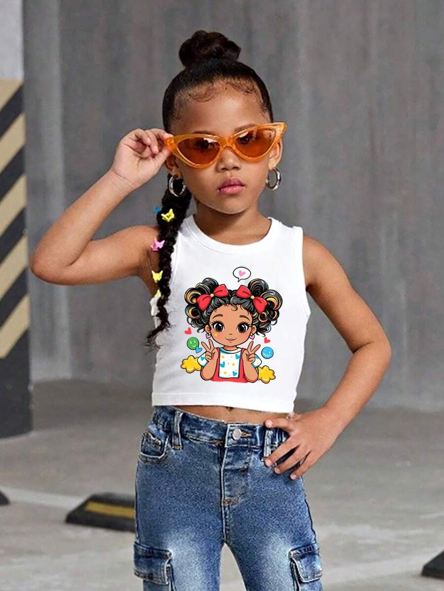 Camisetas sin mangas informales para niñas, con diseños gráficos de dibujos animados simples y lindos de cuello redondo, aptas para el verano - Blanco