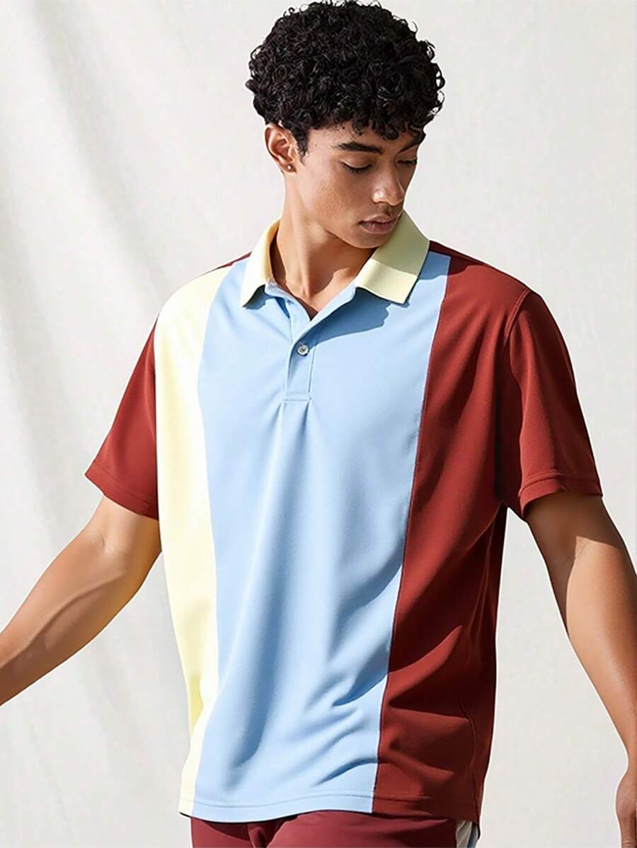 Manfinity Homme Men's Casual Loose-Fit Colorblock Short Sleeve Polo Shirt