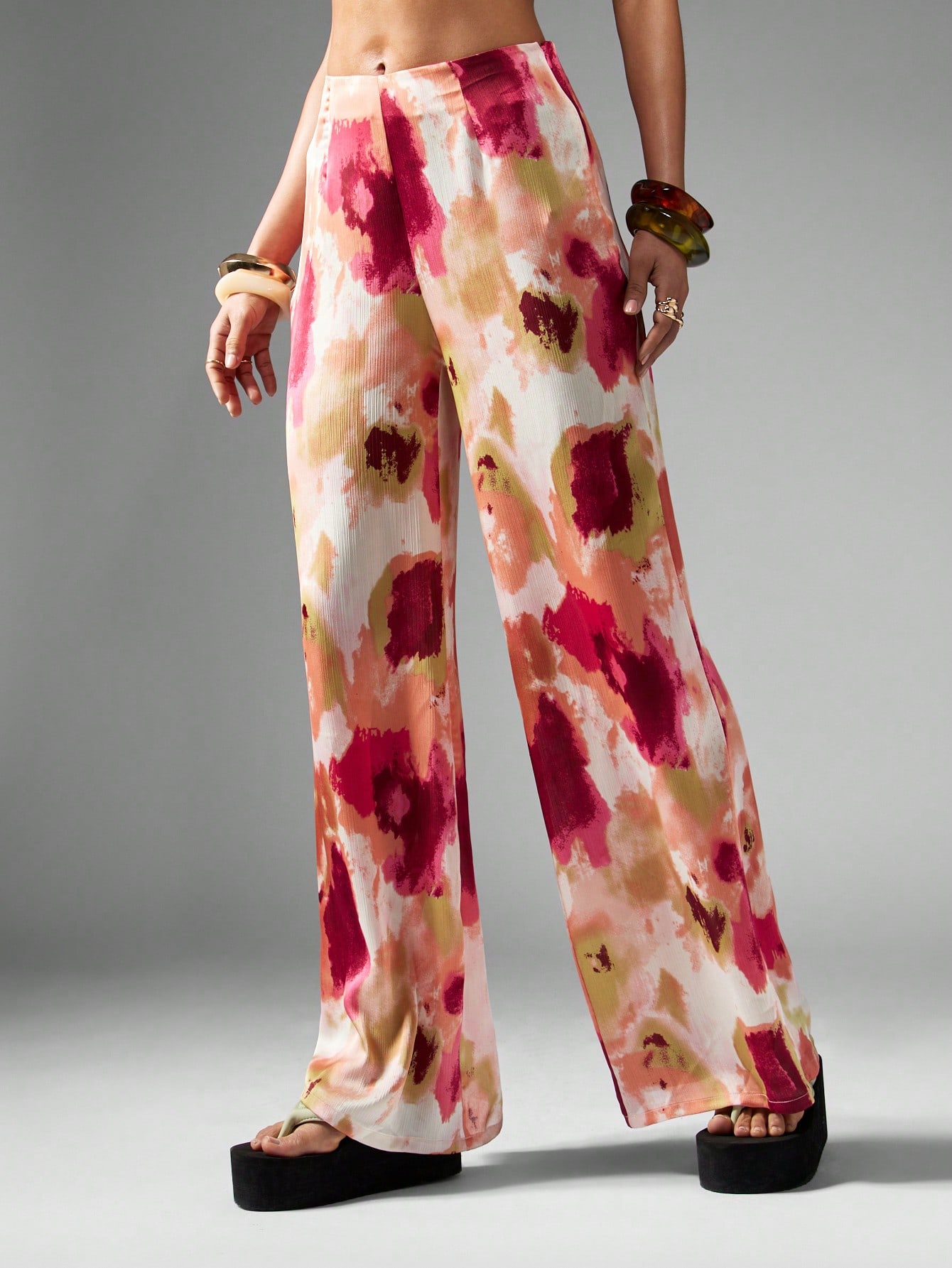 Wide Leg Satin Watercolor Print Pants｜MISSGUIDED
