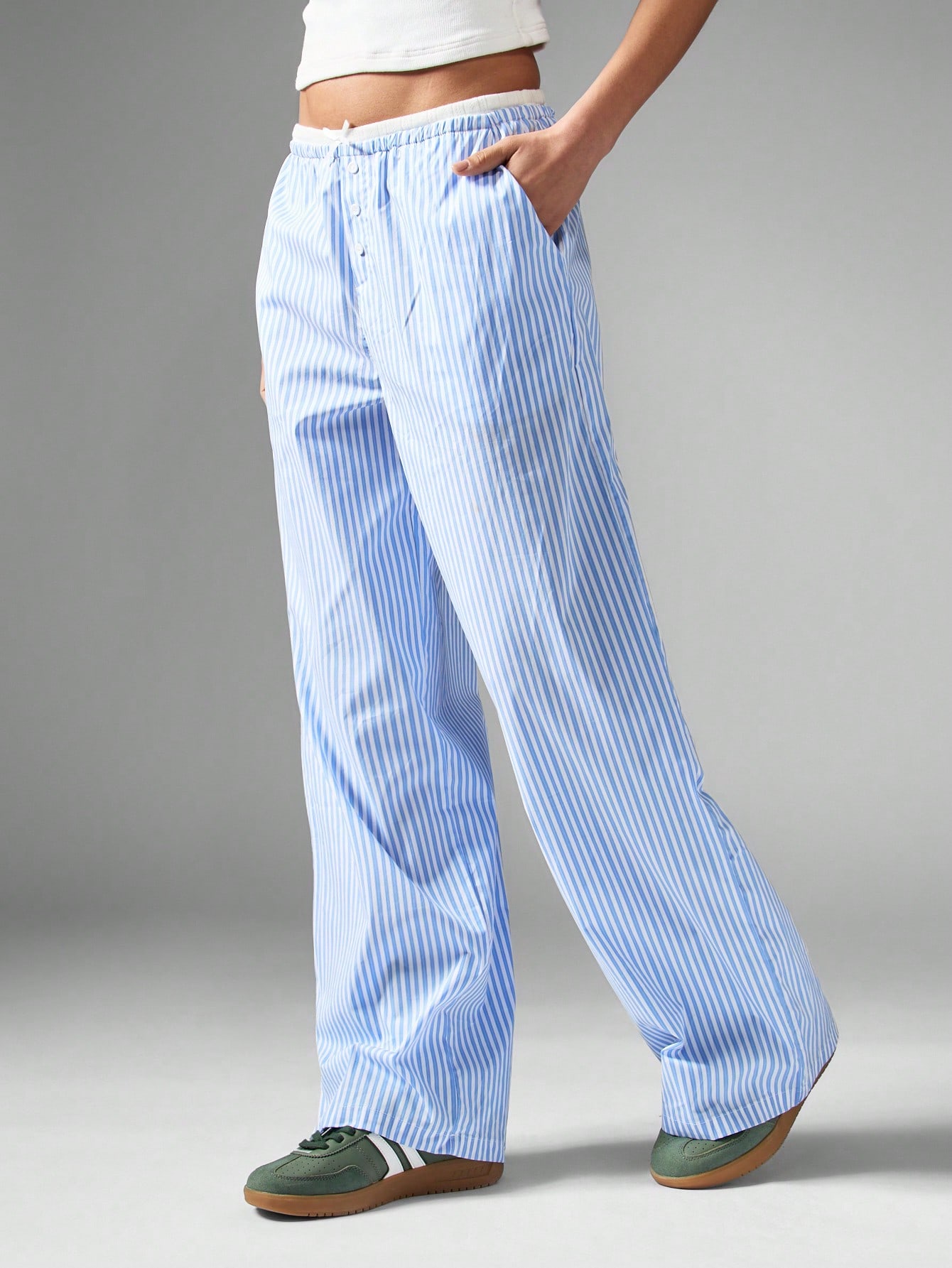 Striped Lounge Pants Wide Leg Palazzo Style Pajama Bottoms With Pockets Elastic Waist Drawstring Casual Loungewear Sleepwear Relaxed Fit Bottoms