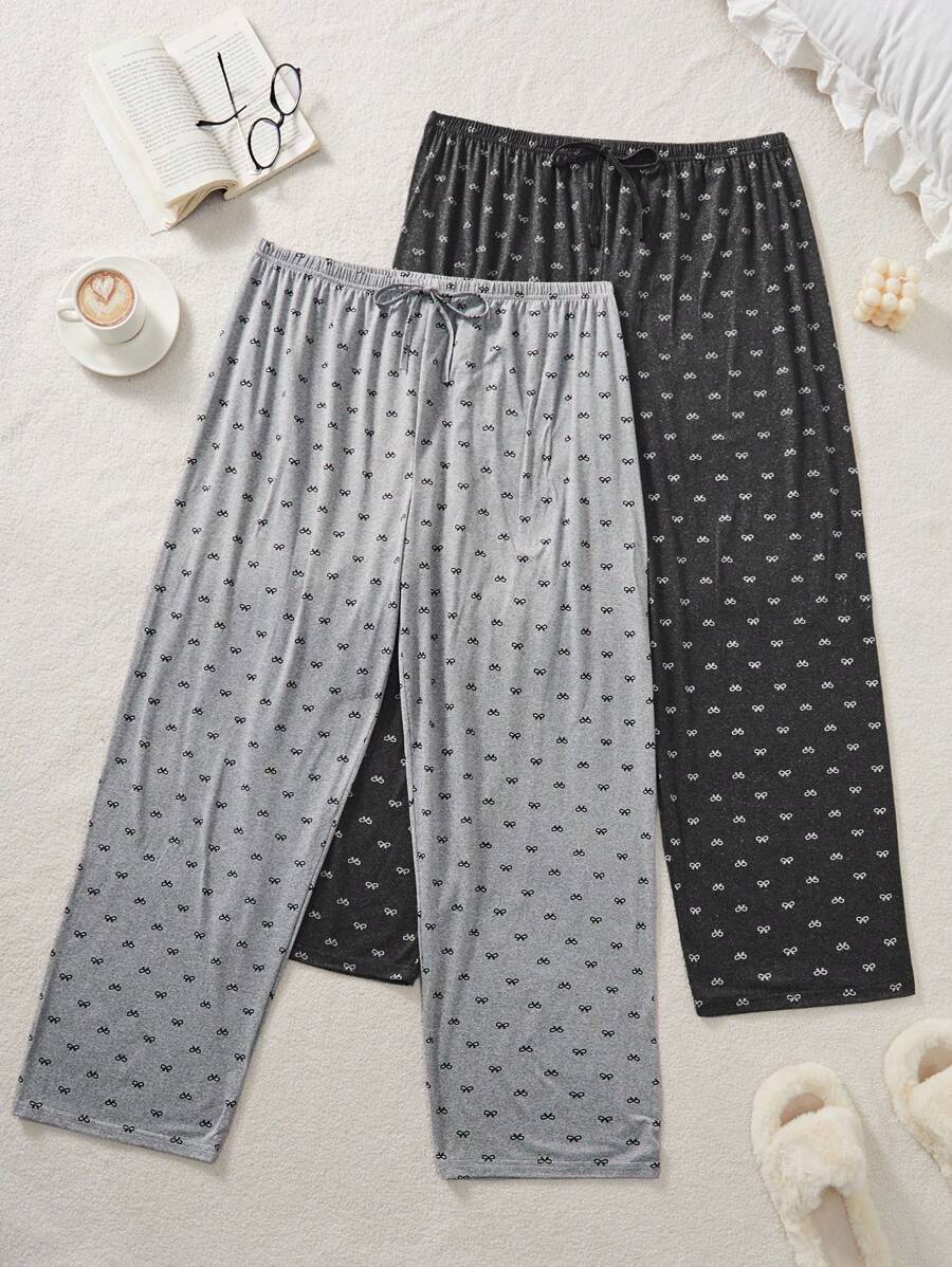 SHEIN 2pcs Plus Size Women Knit Pajama Set With Butterfly Print, Casual Loungewear With Long Pants, Suitable For All Seasons