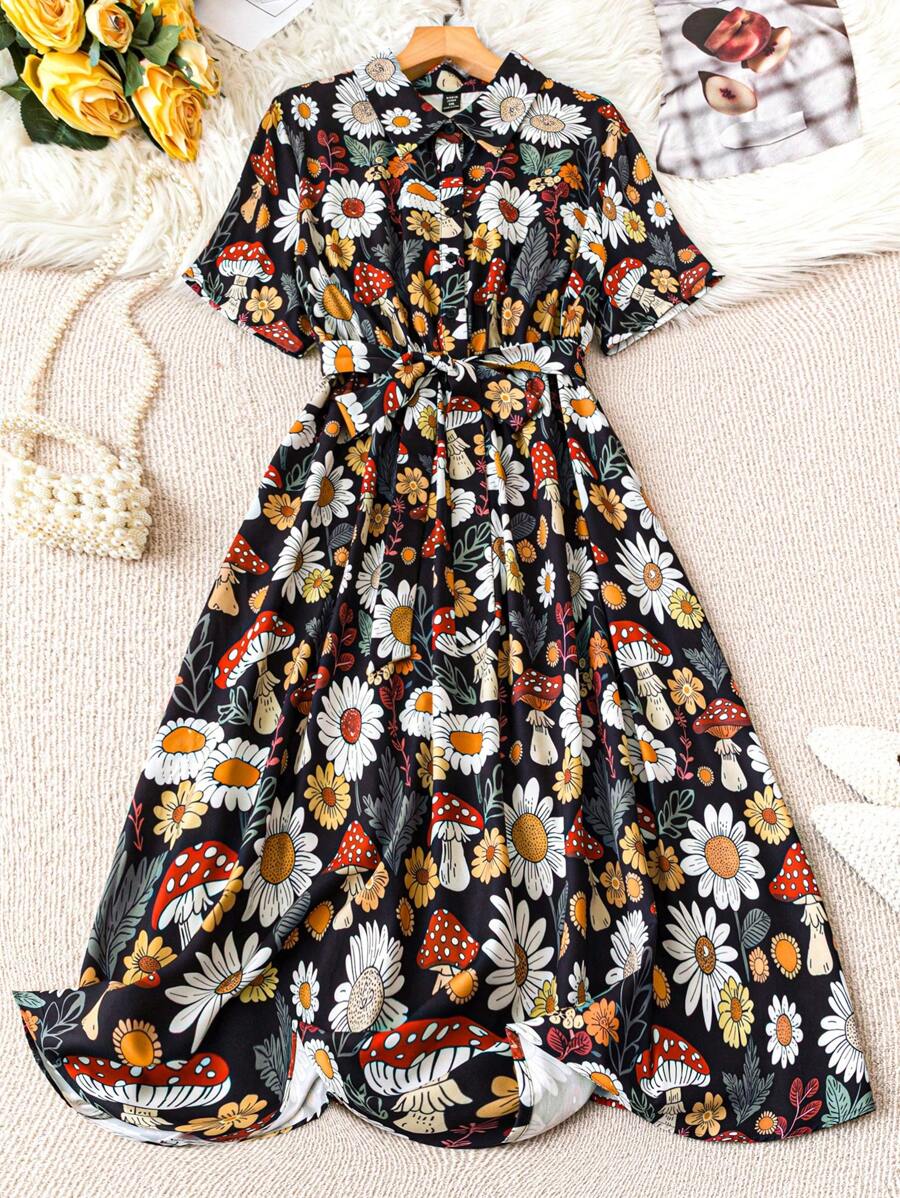 Breezaya Robe d'été à taille marquée avec col à motifs champignons et floraux, manches courtes, imprimé aléatoire, convient pour les vacances et l'usage quotidien, grande taille