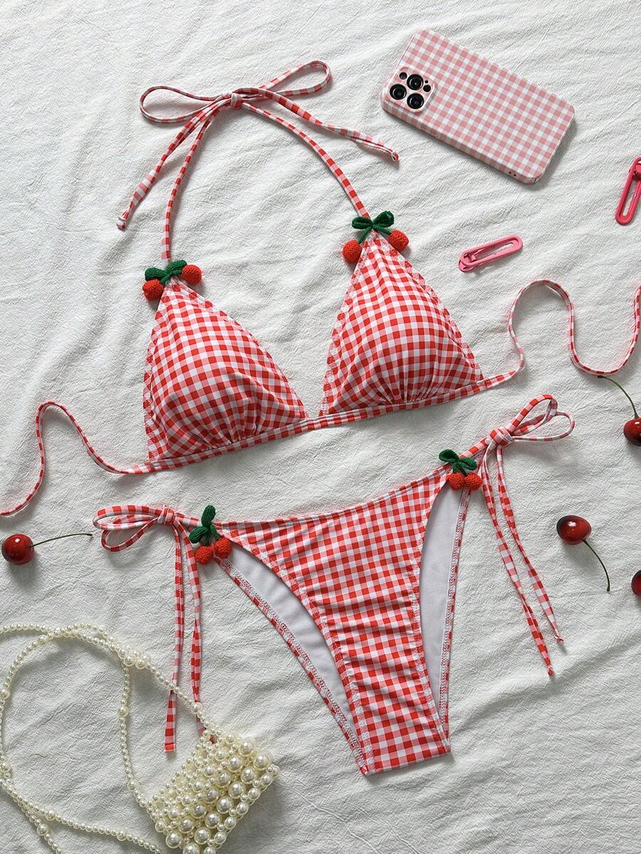 SHEIN 2pcs/Set 2025 New Women Plaid Print Triangle Tie Front Bikini Set Tankini Bottoms, Cute Summer Beach Holiday Girl Bikini Swimwear