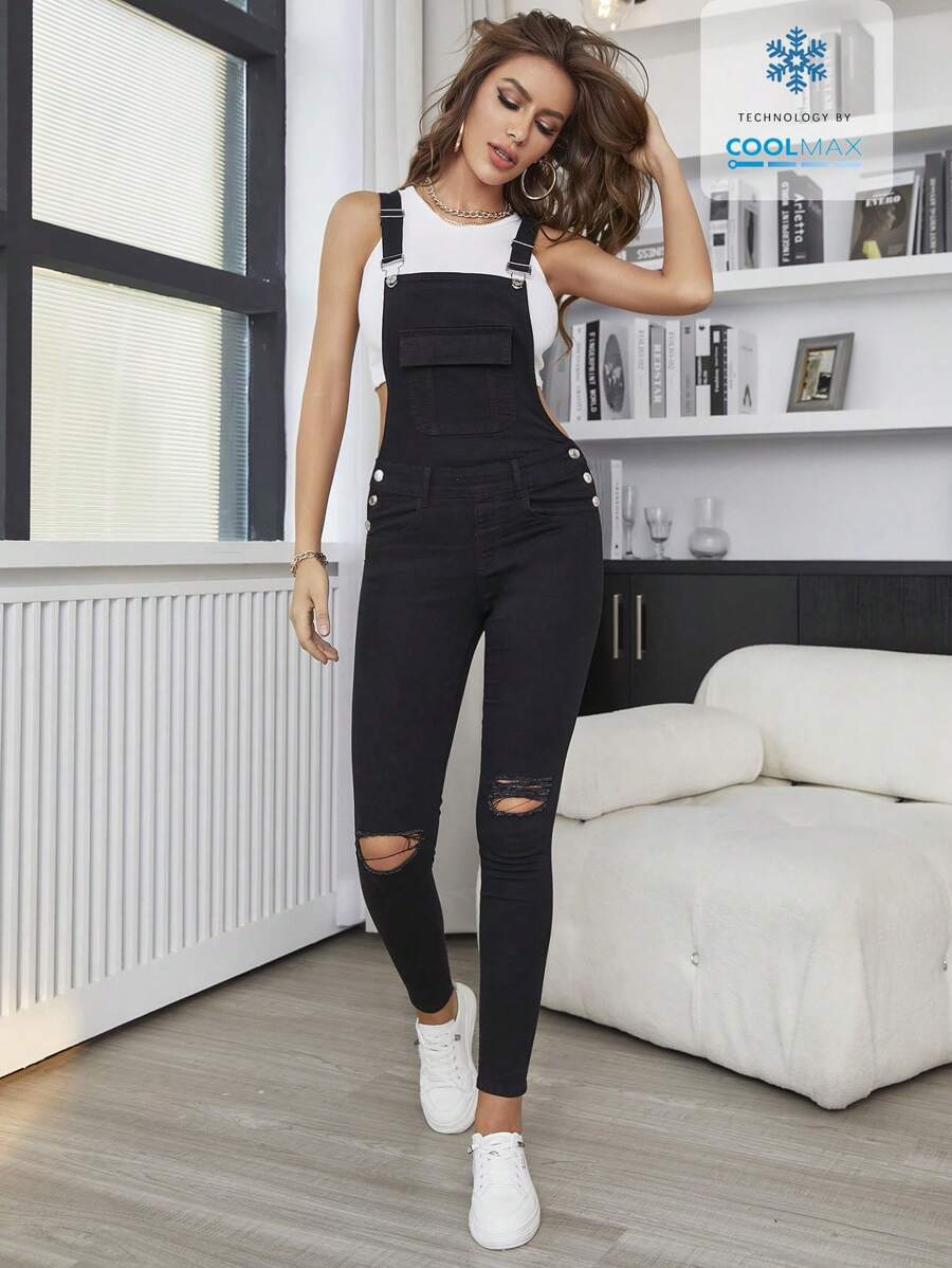 SHEIN Essnce Salopette di jeans casual con colore uniforme, effetto consumato e vestibilità slim