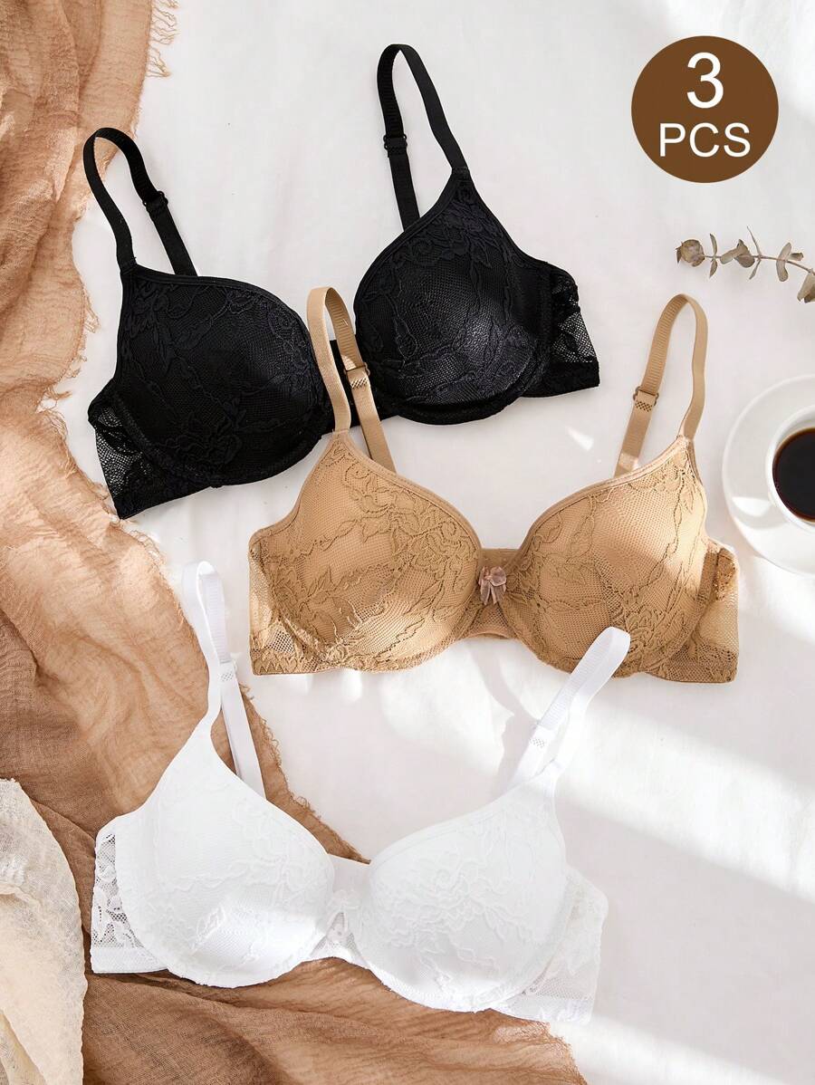 3 piezas de lencería: Sujetadores de encaje con empalme de color contrastante, acolchados y con aros para mujer, de estilo elegante y fantástico