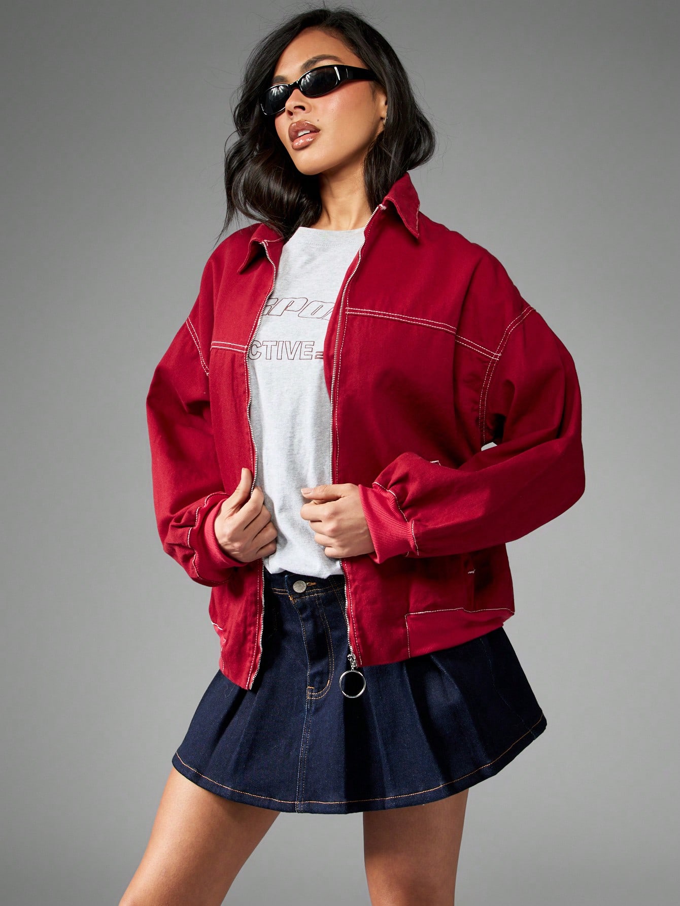 MISSGUIDED Oversized Half-Zip Contrast Stitch Denim Bomber