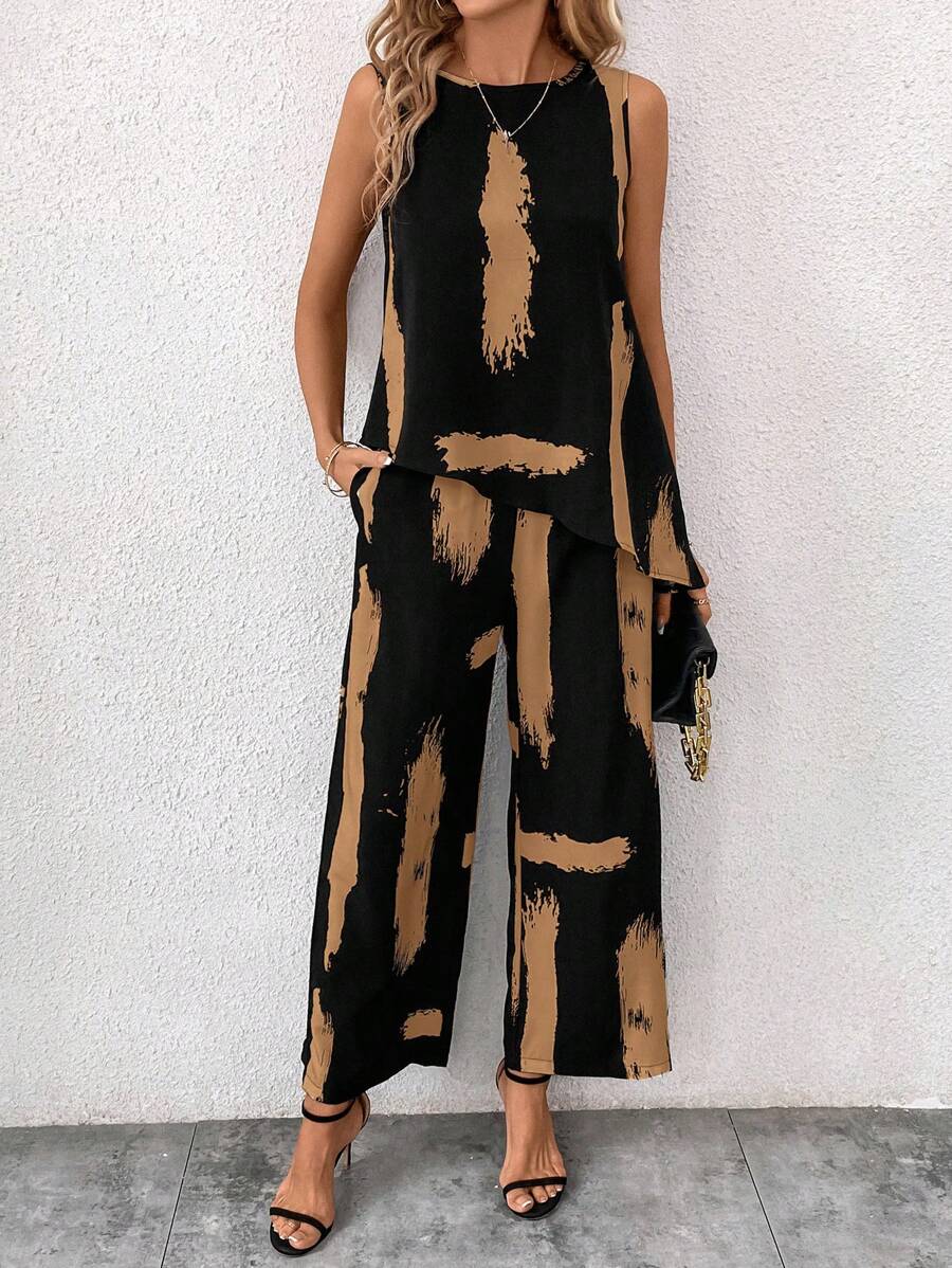 SHEIN Clasi 2pcs Sleeveless Blouse & Pants Set, Women Brush Print