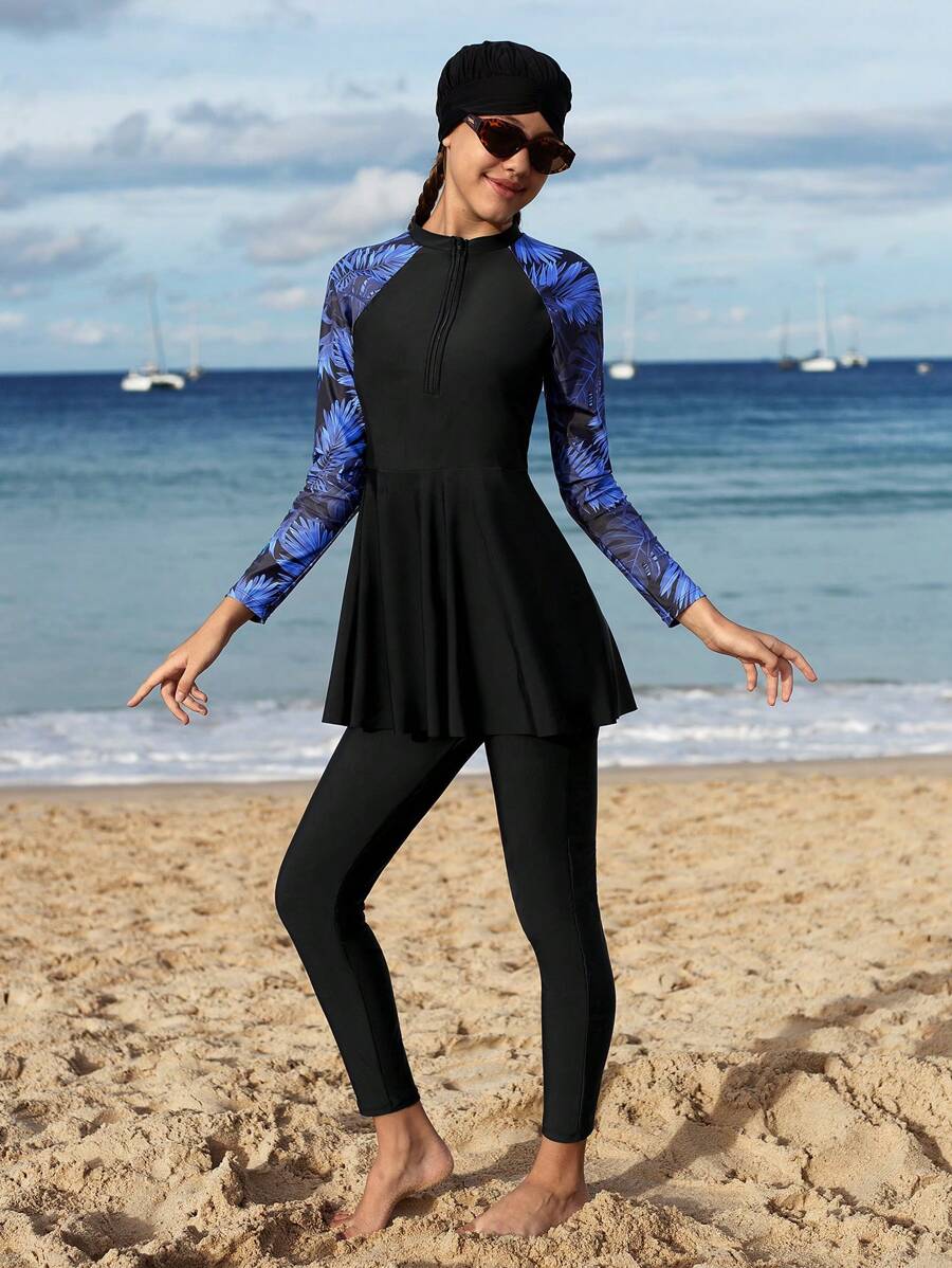 Teenagers Girls Floral Print Zipper Spaghetti Strap Top Bikini, Solid Black Bottom Mini Skirt And Long Pants
