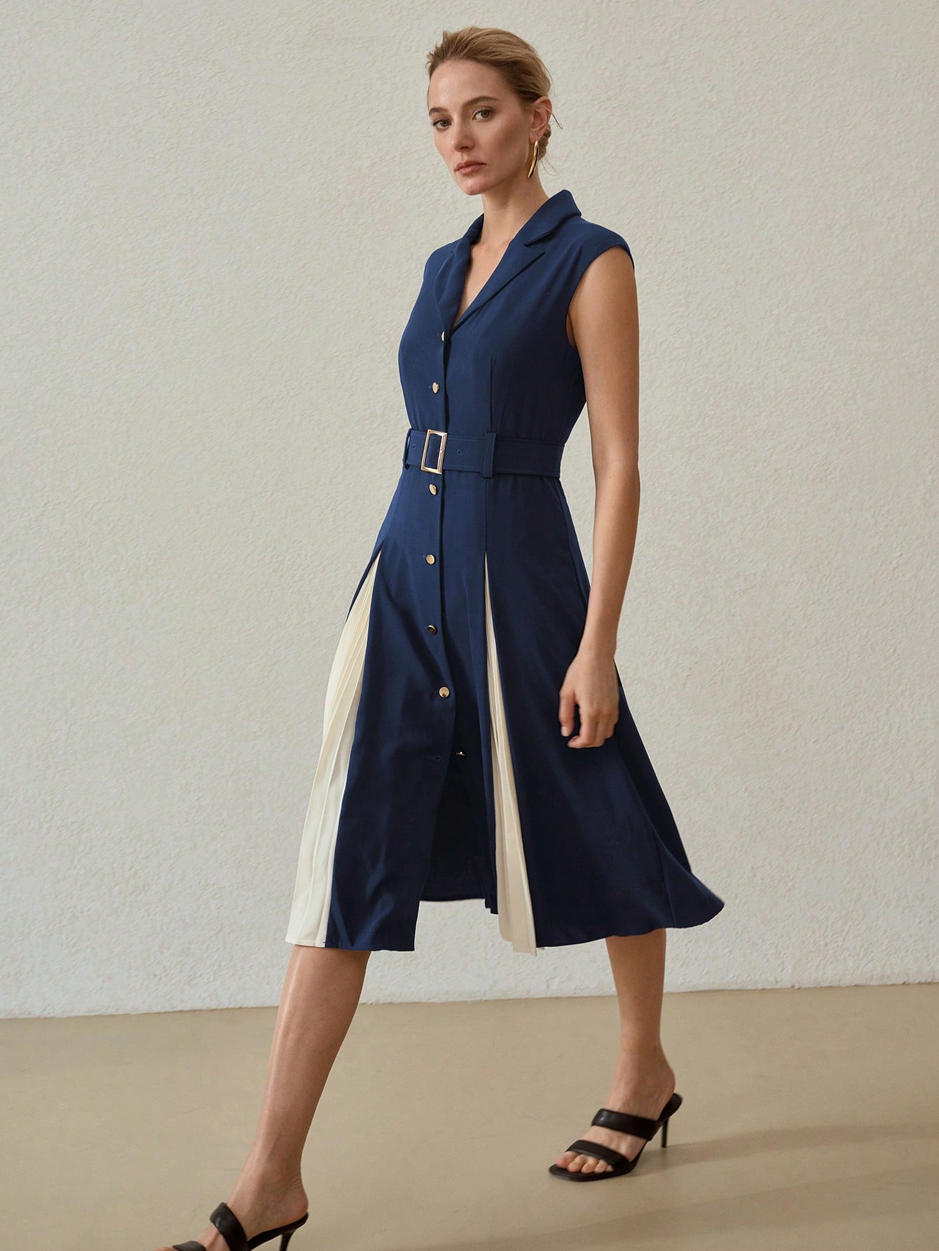 LAPEL COLLAR CONTRAST PLEATED PANEL BUCKLE BELTED DRESS