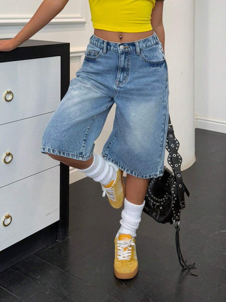 SHEIN Pantalons capris longs amples en jean délavé à taille basse pour adolescentes, printemps été, Tenues bohèmes larges pour vacances à la plage d'été, Tenues d'été pour brunch, remise des diplômes, Tenues streetwear pour festivals de concerts d'été