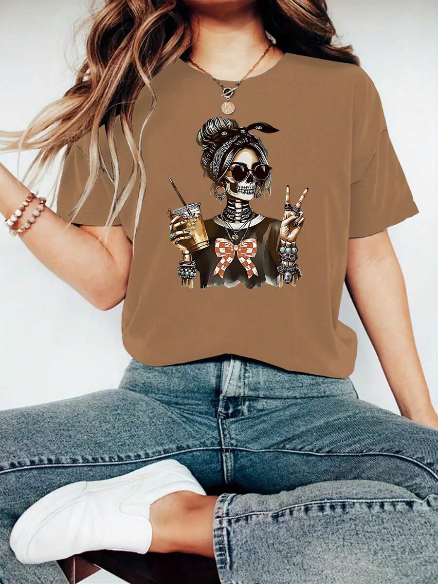 INAWLY Camiseta ajustada de mujer con estampado gráfico de calavera en estilo casual de verano