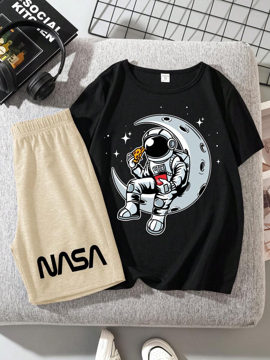 2 szt. Chłopięcy casualowy, prosty, okrągły dekolt, krótki rękaw, T-shirt i spodenki, odpowiedni na lato