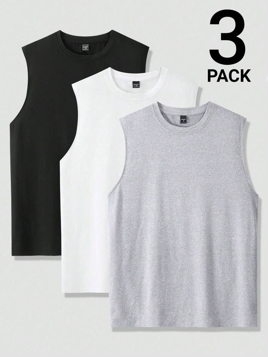 Manfinity Homme Conjunto de 3 piezas de Camisetas sin mangas con cuello redondo para hombre, básicas y lisas. Perfectas para salir
