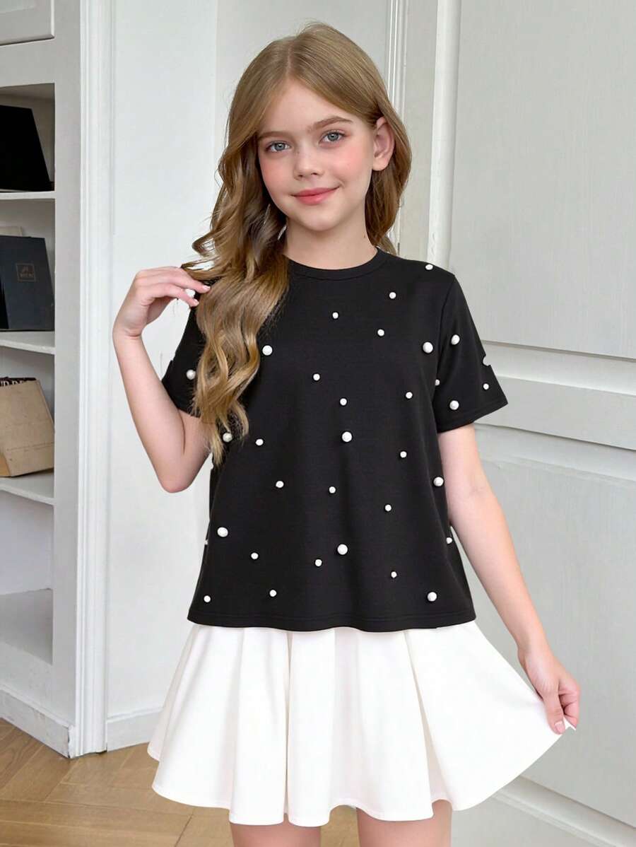 SHEIN Meisjes Casual Minimalist Comfortabel Computer Geborduurd Ronde Hals Losse Korte Mouw T-shirt
