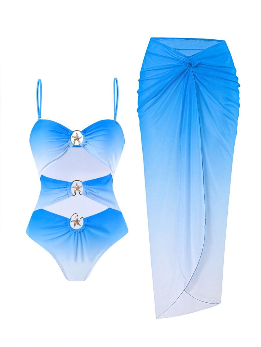 Swim Oasis Conjunto de verano para mujer - Traje de baño bandeau con adorno de estrella de mar hueca metálica y tirantes desmontables, con estampado de patrón retorcido y falda pareo