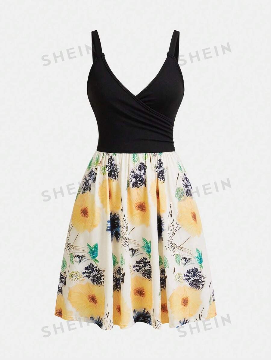 VaVaBold Vestido con estampado de girasoles en patchwork, diseño minimalista y de moda, adecuado para el verano