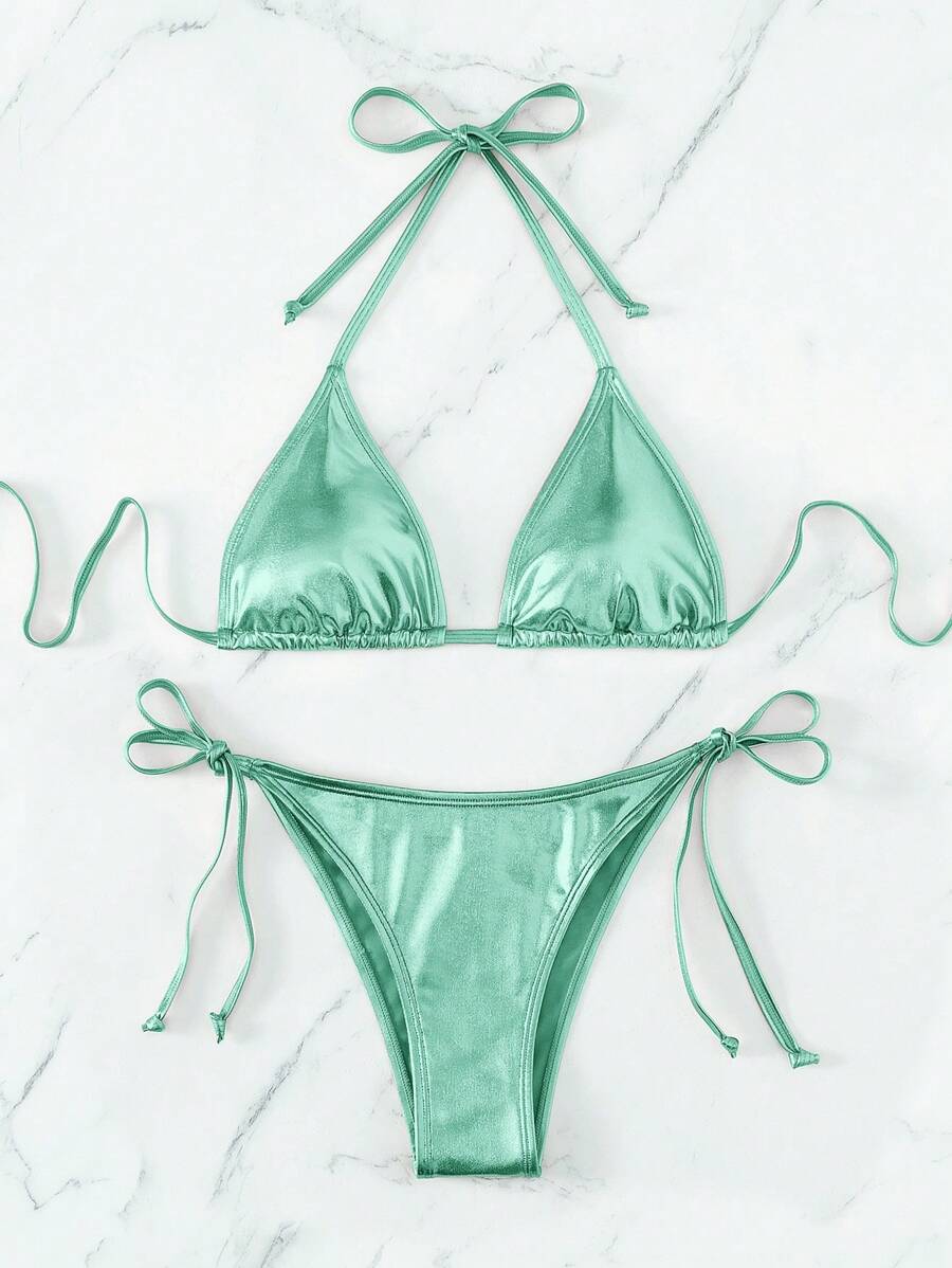 Swim Mod Women's Solid Color Halter Tie Sexy Bikini Two Pieces Swimwear Set, Summer Beach