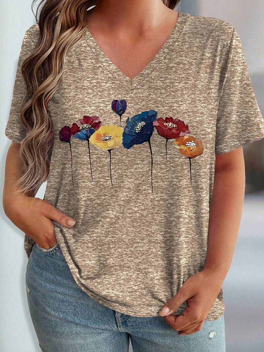 SHEIN LUNE T-shirt casual à encolure en V à manches courtes avec imprimé floral élégant pour femmes grandes tailles