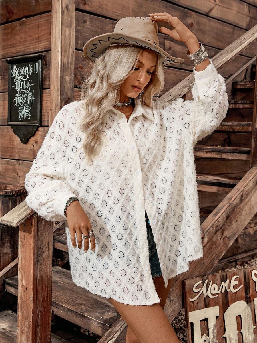 LanaWest Women's Light Apricot Furry Textured Heart Hollow Casual Vacation Vibe Long Sleeve Shirt