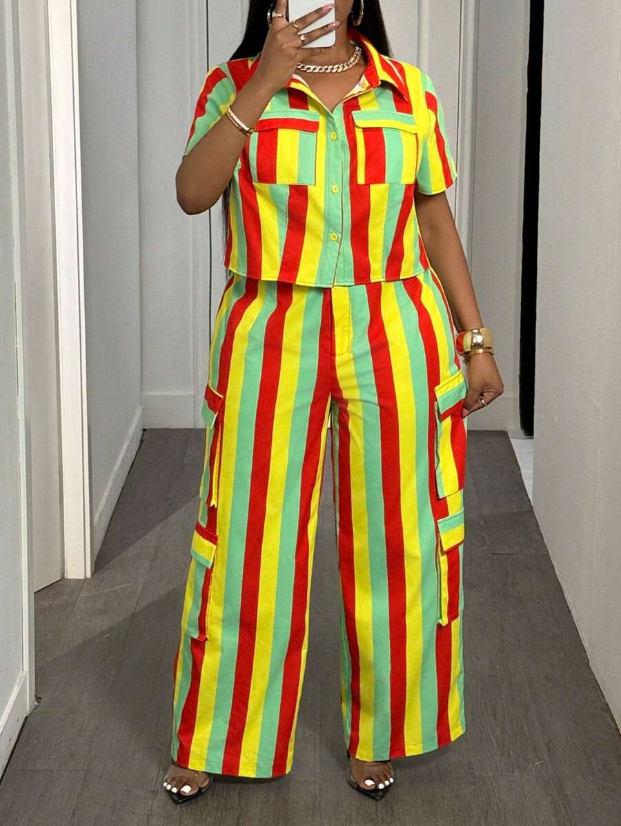 Slaydiva Tuta casual attillata a righe gialle e verdi con camicia e pantaloni, adatta per primavera ed estate - B