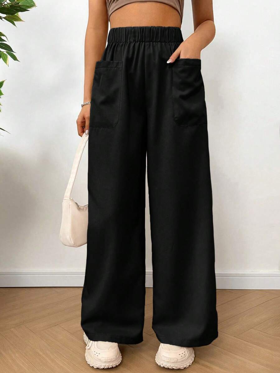 SHEIN EZwear Plus Size Women Solid Color Elastic Waist Pocket Loose Casual Pants