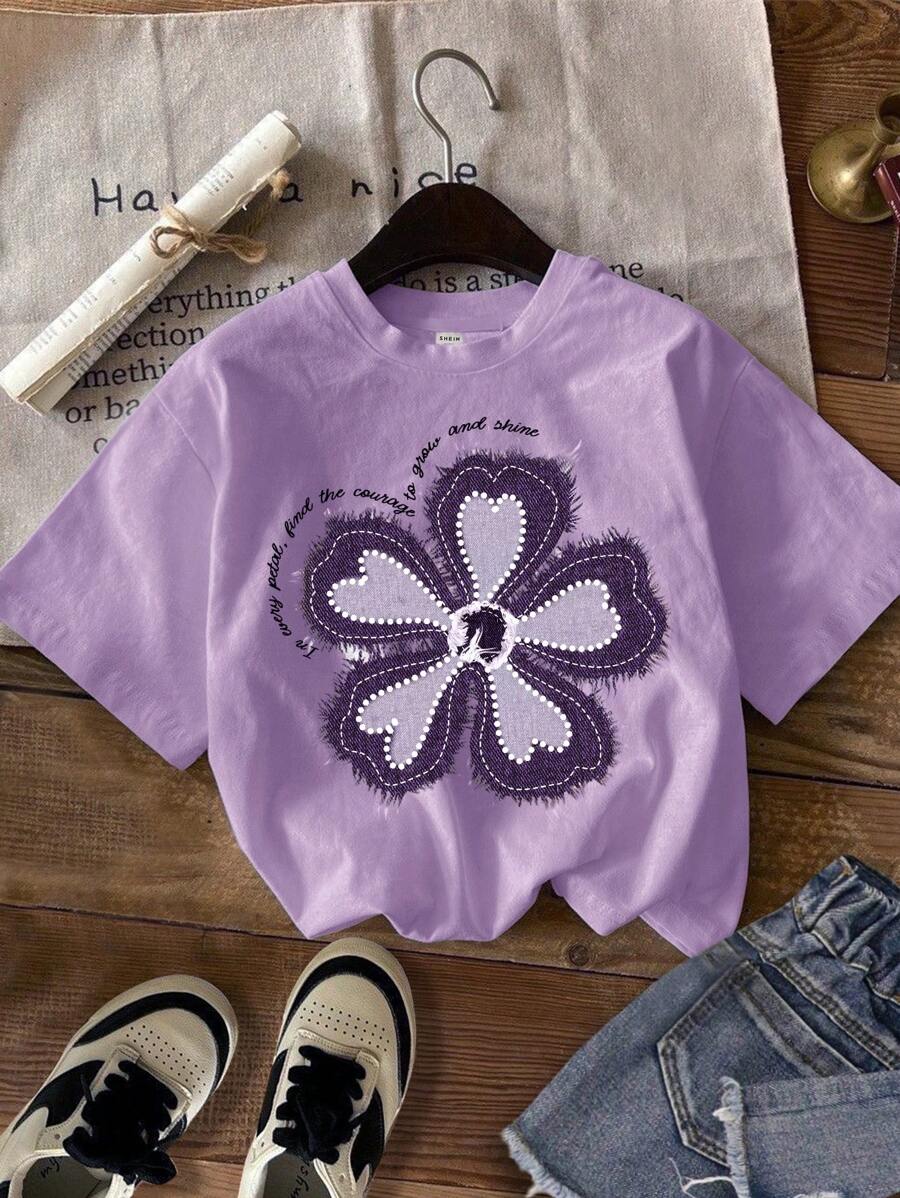 SHEIN Camiseta de manga corta y cuello redondo minimalista informal para niñas preadolescentes, apta para primavera/verano
