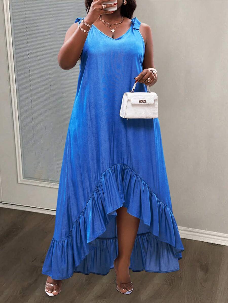 Slaydiva Vestido con diseño minimalista versátil y casual, con lazo en los hombros, silueta A, corto en la parte delantera y largo en la parte trasera, con mucho vuelo, ideal para diferentes ocasiones como fiestas, conciertos, graduaciones, vacaciones de verano europeo, estilo country, festivales, ropa de vacaciones tropicales, atuendos de primavera y ropa de mujer talla grande talla