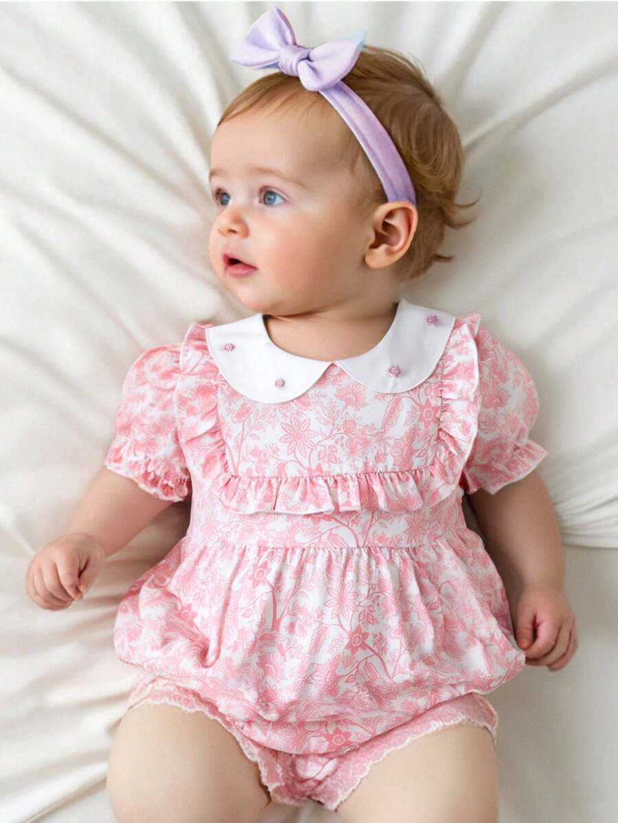 Souflis Souflis Babymeisje Lente/Herfst Casual Schattig Comfortabel Ronde Hals Kraag Digitaal Bloemen All Over Print Korte Mouw Pofmouw Romper