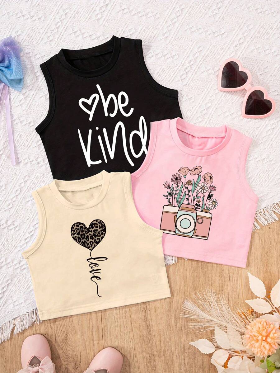 3 peças de blusa regata com estampa de coração e borboleta casual fofa para meninas