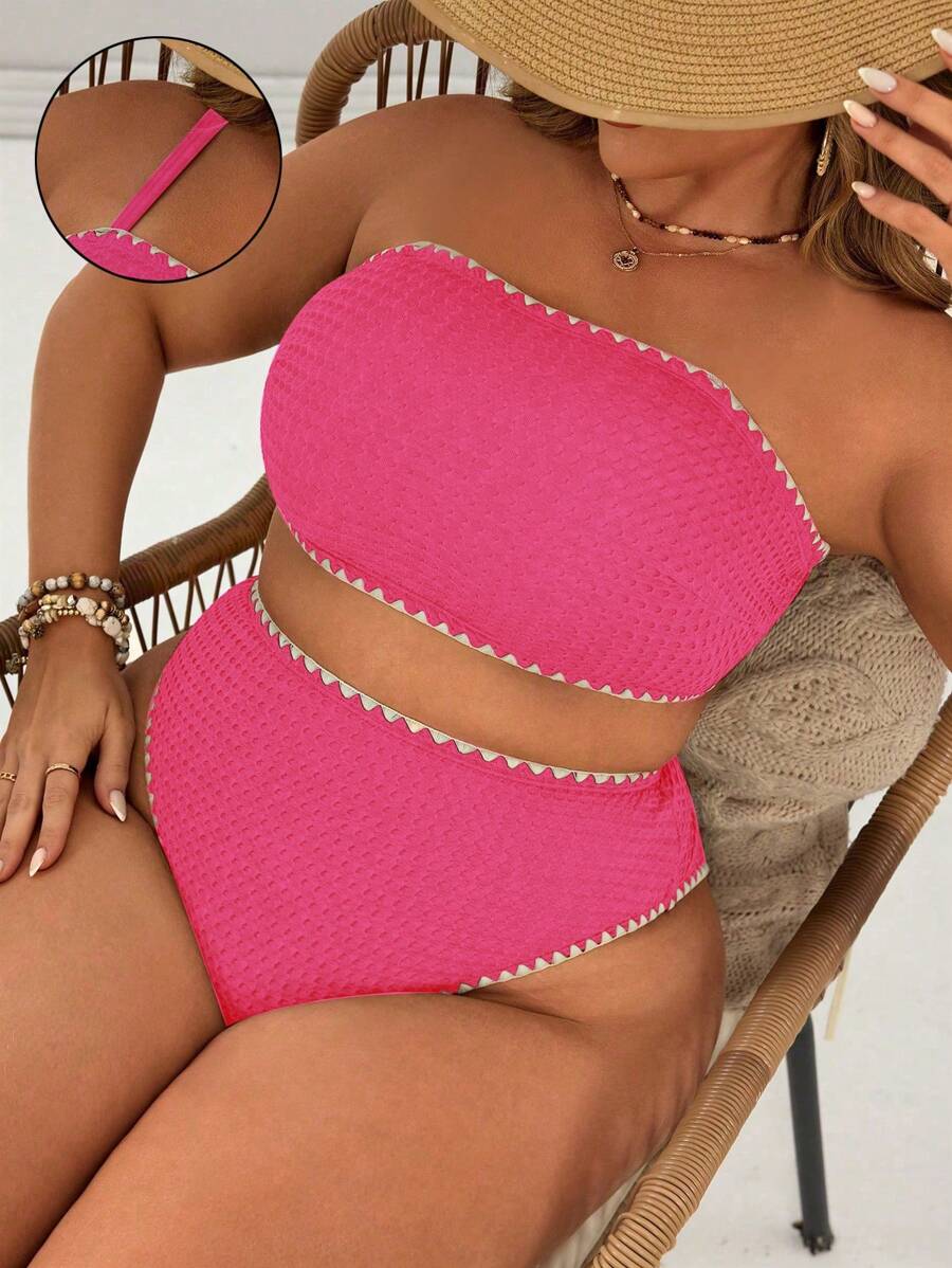 Swim Basics 2pcs/Set Plus Size Women Solid Color Spaghetti Strap Shell Trim Sexy High Waist Triangle Bikini Swimwear, Vacation Casual