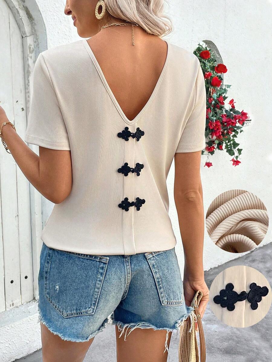 SHEIN LUNE Elegant Casual Button Design Knit Pullover T-Shirt For Women, Spring & Summer