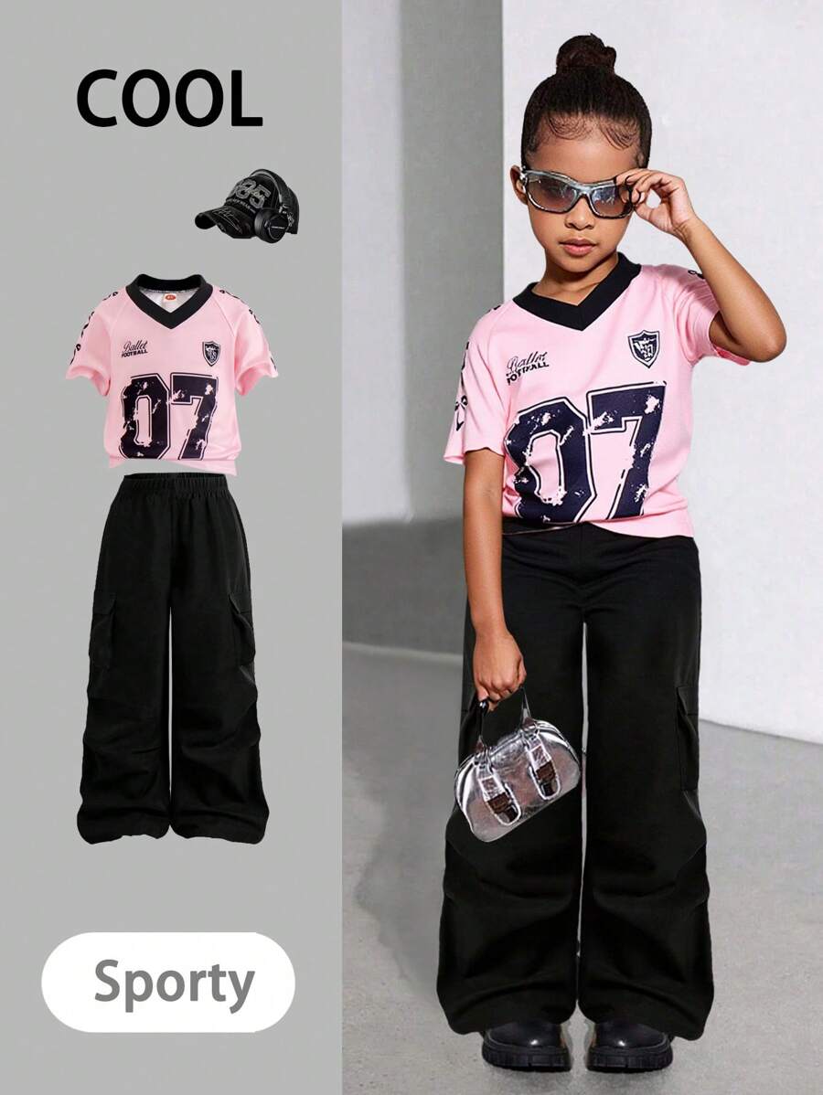 2pcs/Set Young Girl Pink Raglan Sleeve '07' Graphic Sweatshirt & Black Cargo Pants Set, Sports Style Outfit