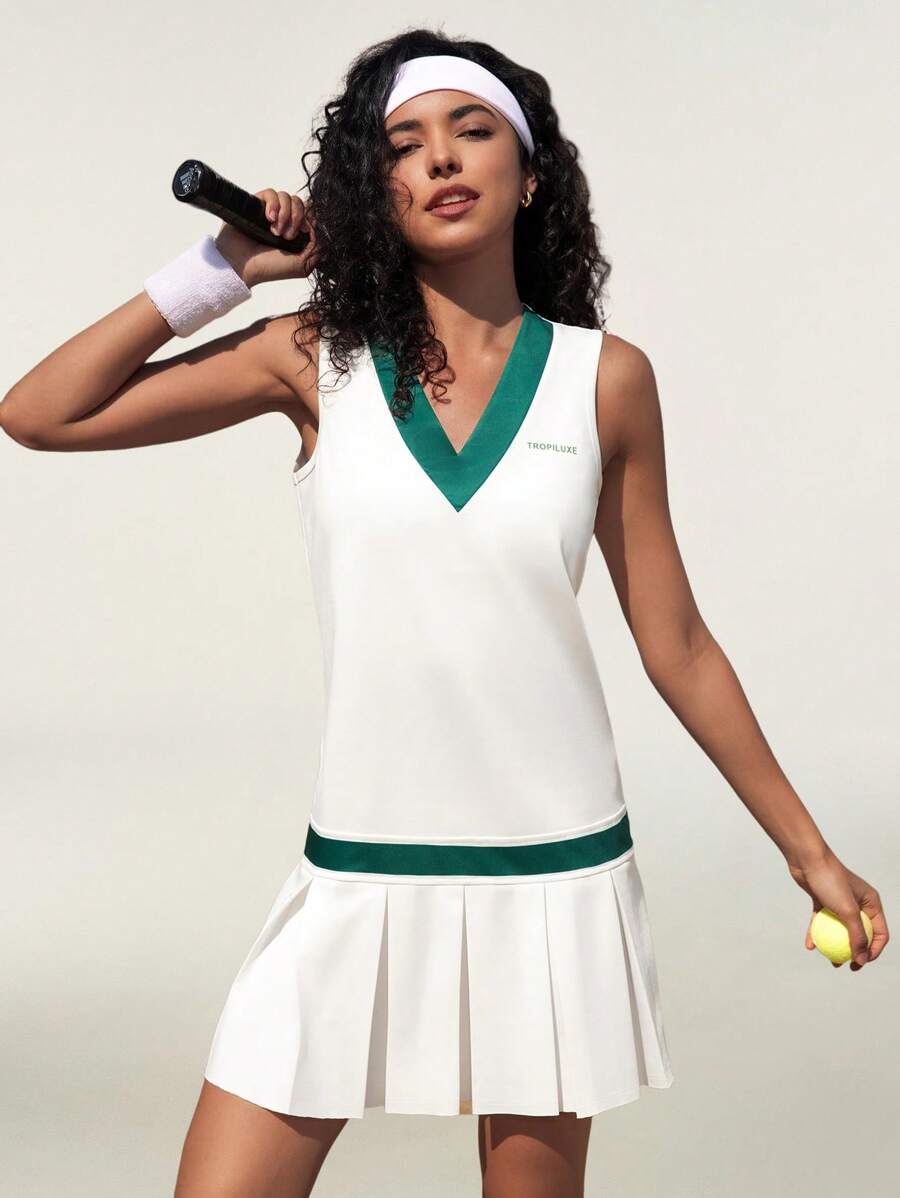 Tropiluxe Damesmode Atletisch Sportief Tennis Colorblock V-hals Mouwloos Geplooide Zoom Tankjurk