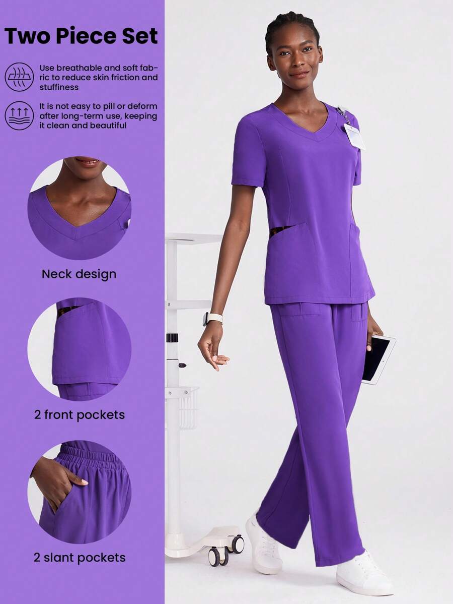 TaskEZ Modieuze luipaard patchwork zachte en comfortabele korte mouwen V-hals top en hoge taille rechte pijp broek verpleegster scrub uniform set, werkkleding vrouwen voor vrouwen vrouwen plus kleding tweedelige scrubs scrub sets