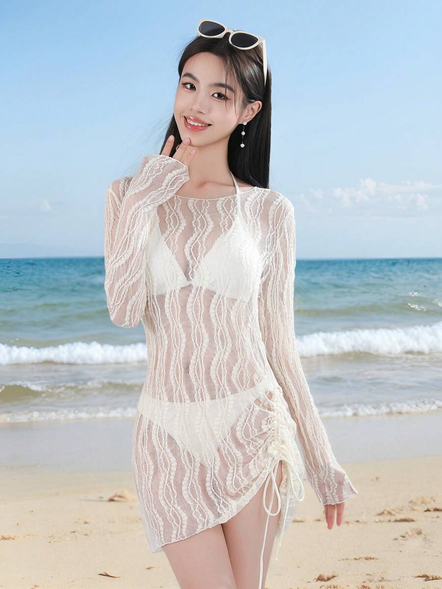 DAZY Women's Teardrop Lace Mesh Fabric One-Side Drawstring Elegant Pullover Summer Beach Cover-Up