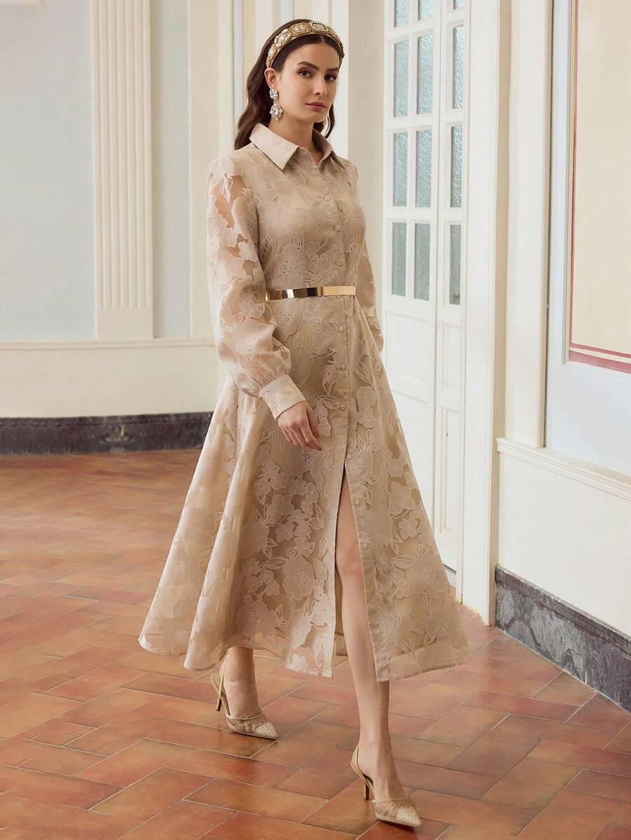 ZEYLAH Women's Lightweight Jacquard Lace Midi Shirt Dress, Romantic, Flowy, Elegant For Afternoon Tea