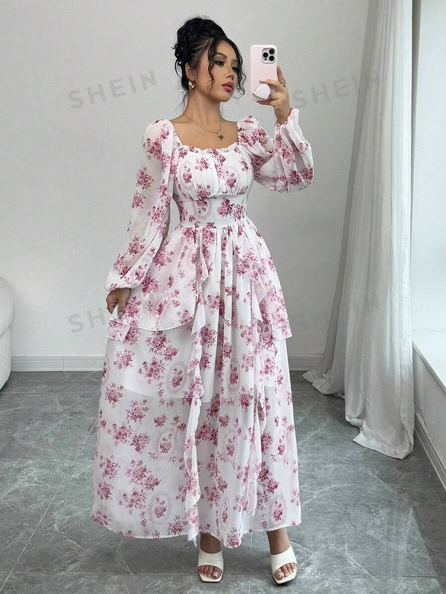 Airlisse Vestido largo fluido con estampado floral diminuto, de manga larga, con estilo francés romántico para primavera y verano