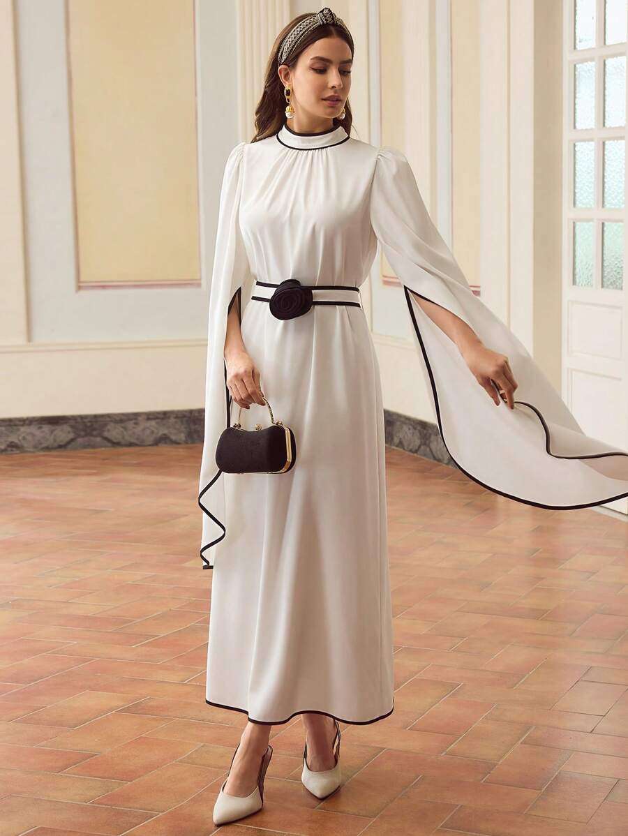 ZEYLAH Women's Elegant Decorated Contrast Color 3D Floral Belted Maxi Dress, Summer White Dress