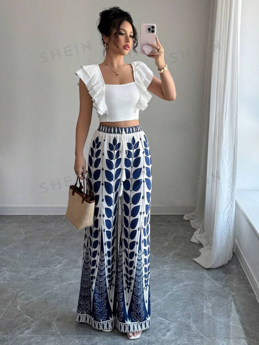 Elenzga Conjunto de dos piezas de mujer de estilo elegante y de vacaciones, con parte superior corta de cuello cuadrado con diseño de mangas con volantes y pantalones holgados de pierna ancha con estampado de estilo bohemio, para primavera/verano
