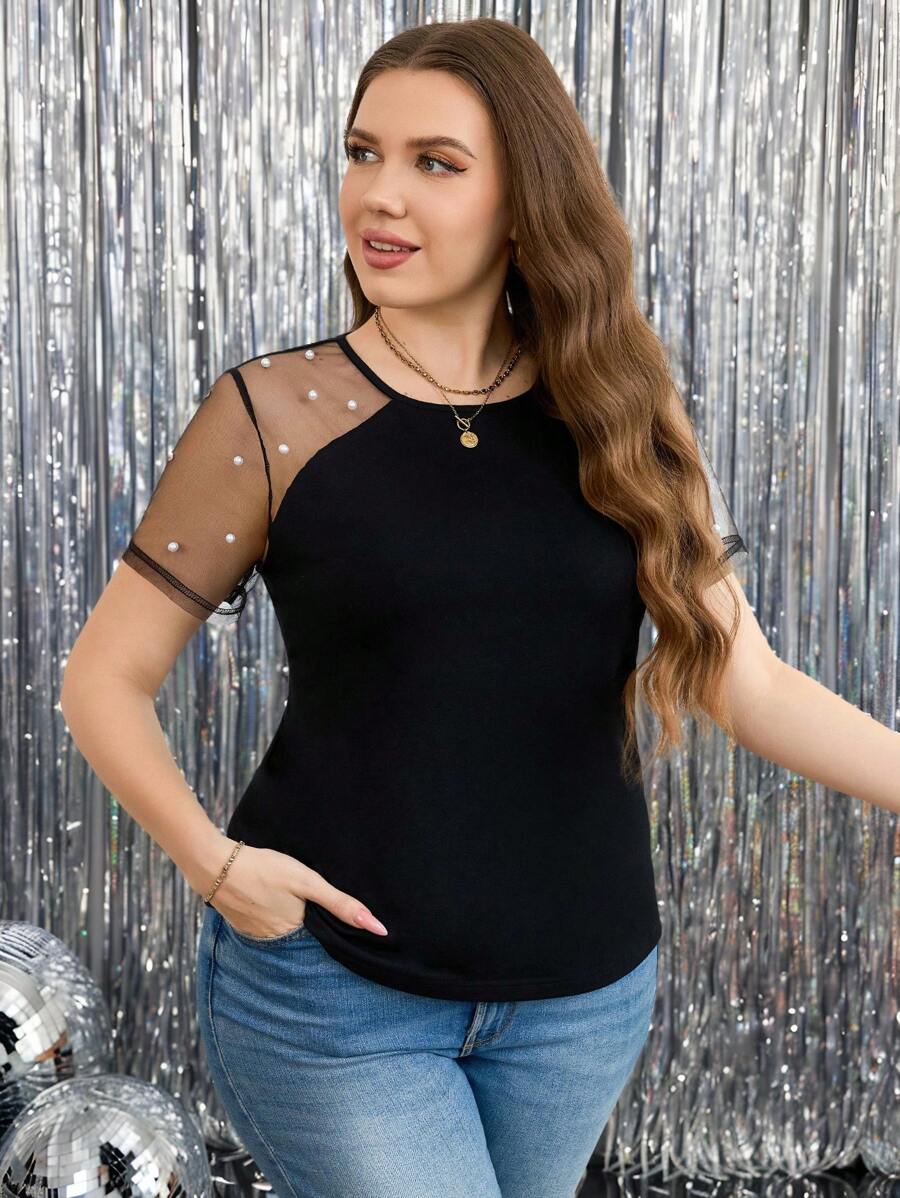 SHEIN Clasi Plus Size Beaded Decor Mesh Patchwork T-shirt met korte mouwen