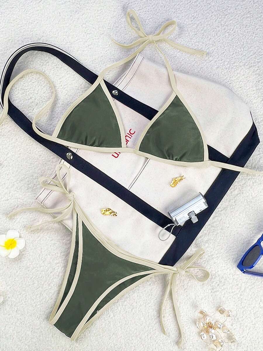 Conjunto de 2 piezas de bikini de tirantes finos: parte superior tipo halter con color contrastante y shorts de natación de amarrar a los lados, traje de baño de mujer de talla regular