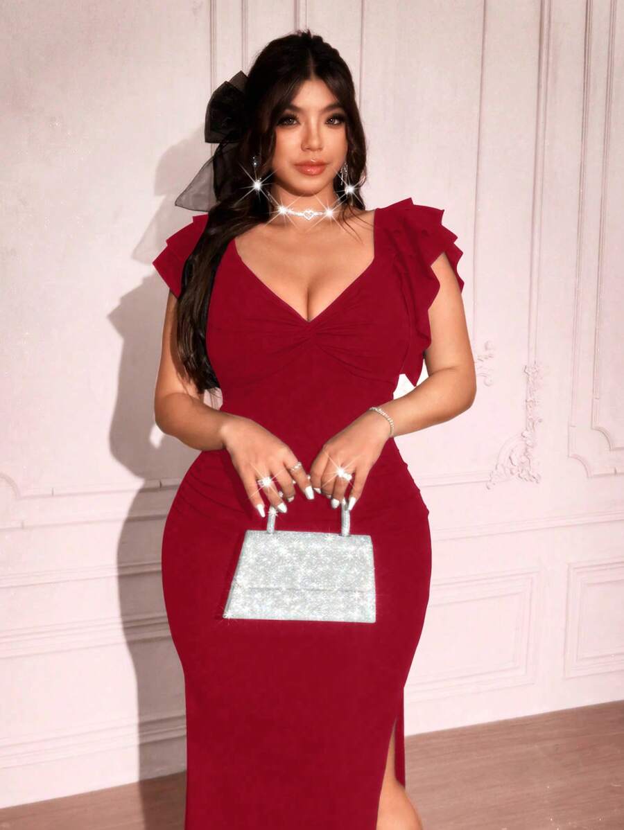 Viva Relle Plus Size Elegante Effen Kleur Ruffle Twist Slit Fishtail Jurk