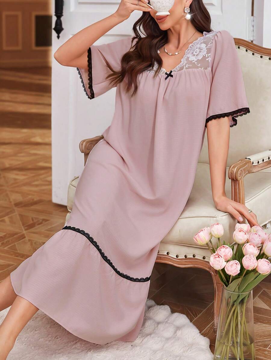 French Elegant Lace Patchwork Loose Long Nightgown For Women