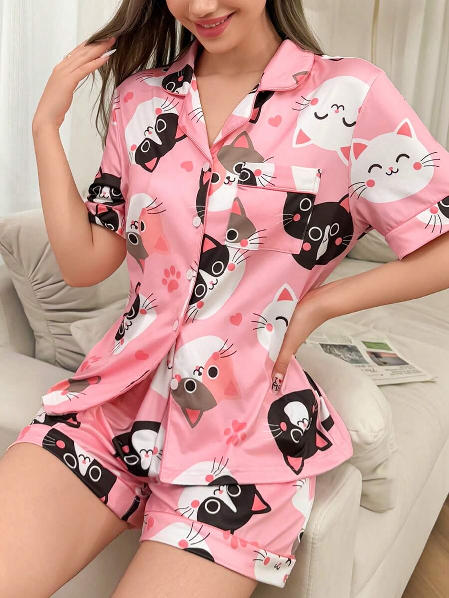 Dream Adore Conjunto de pijama de mujer con estampado de animales en todo el diseño y cuello con solapa