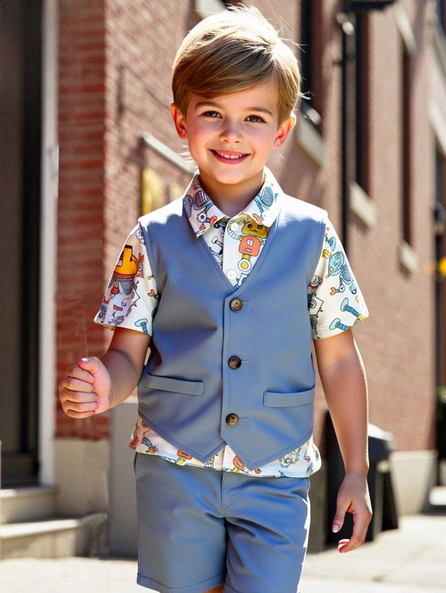 3 paquetes de conjuntos de camisa de solapa con estampado completo retro y artístico, chaleco y pantalones cortos de estilo deportivo informal para niños pequeños. Adecuado para fiestas de cumpleaños, fiestas de noche, actuaciones, bodas, bautizos, ceremonias de inauguración, uso diario, escuela, viajes, deportes, primavera y verano.