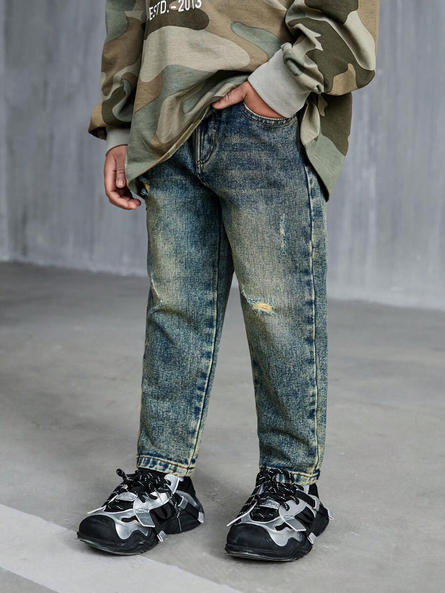 SHEIN YOUNG BOYS Vintage Distressed Washed Straight Leg Jeans, Casual Fashion Street Style Denim Pants For Boys