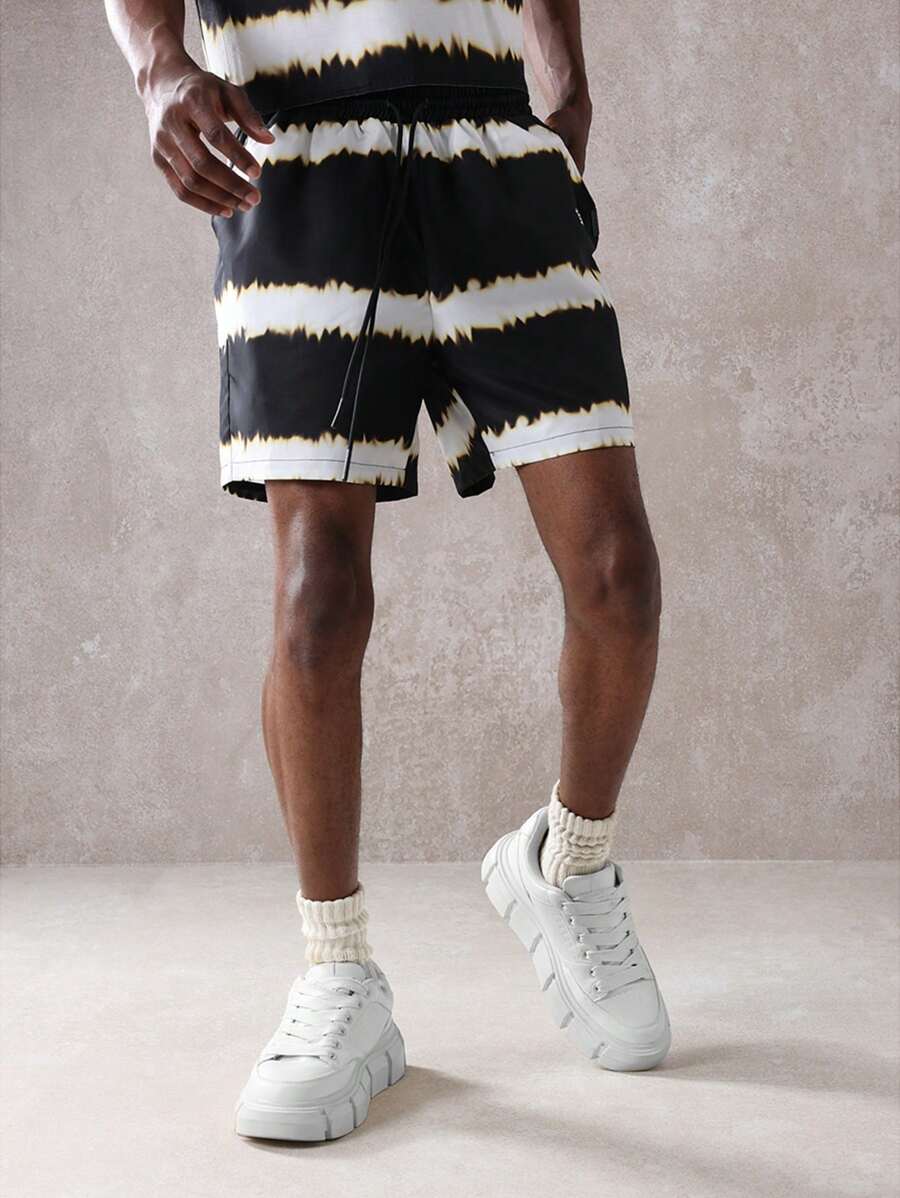 SUMWON Summer Tie-Dye Print Regular Fit Athletic Nylon Shorts With Side Pockets, Drawstring Waistband, Leisure Relaxed Sporty Shorts For Beach Vacation, Festival, Urban Streetwear