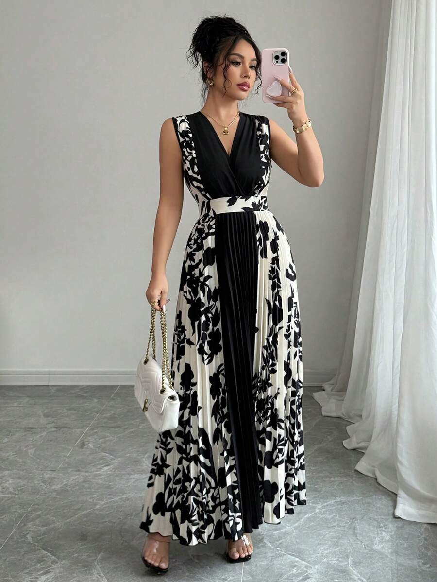 Chiquease Elegant V-Neck Sleeveless Color Block Midi Dress